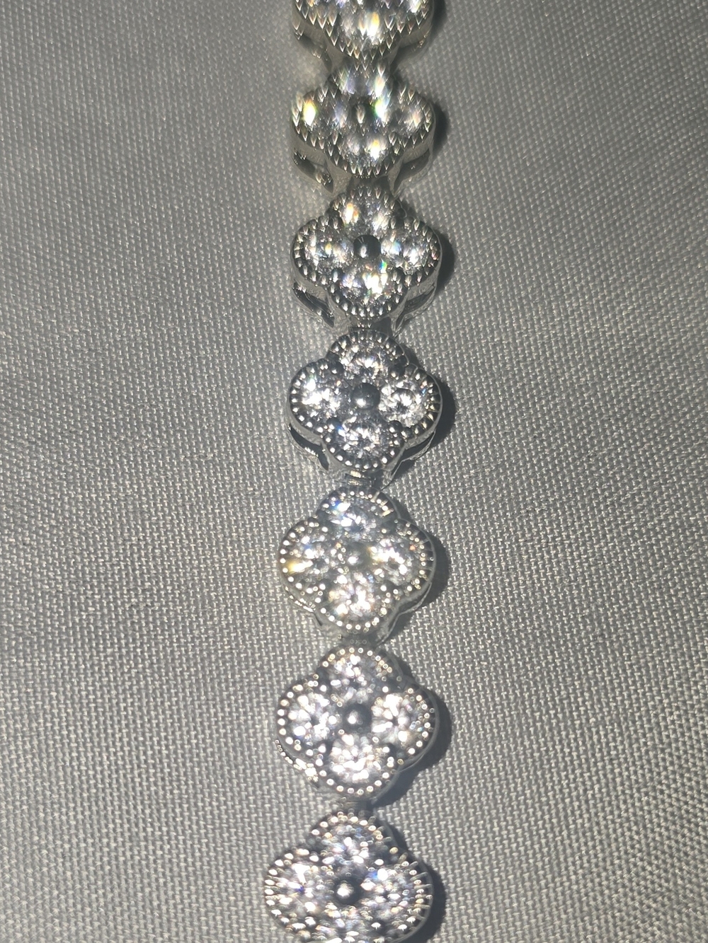 Silver Plated Flower Tennis Bracelet Clear Crystal Rhinestones Box Clasp 7 in.